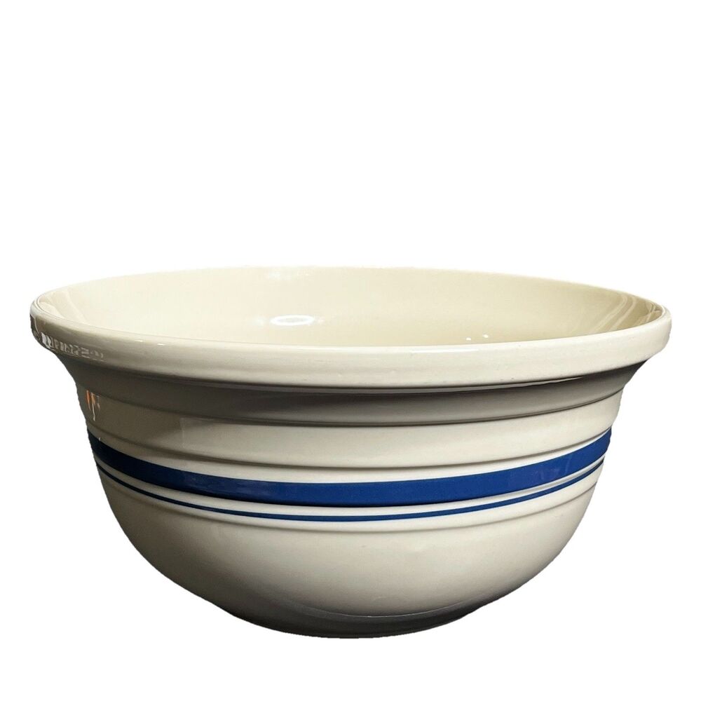Roseville Ohio Pottery Vintage Mixing Bowl With Double Blue Stripe 14” 8 Quart
